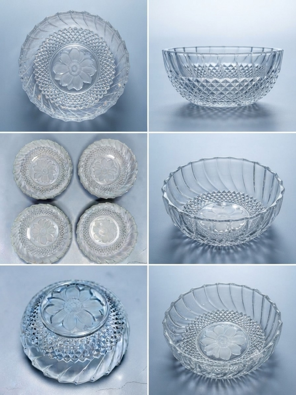 ​Set of 4 Vintage KIG Indonesia Clear Glass Bowls | Floral Sunflower Design **